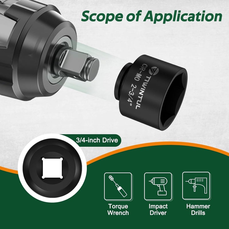 TIWINTUL 3/4 Inch Drive Deep Impact Socket 2-3/4", Anti-Rounding 6-Point Design SAE Socket, Heat-Treated CR-MO, Black Phosphate Finish, Axle Nut Socket for Auto Repair, Easy Removal - Image 5